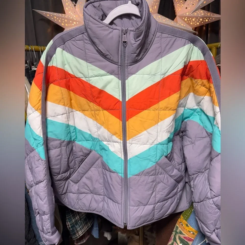 Free People Pippa striped Packable PufferJacket Steel Peach Combo - Picture 5 of 10